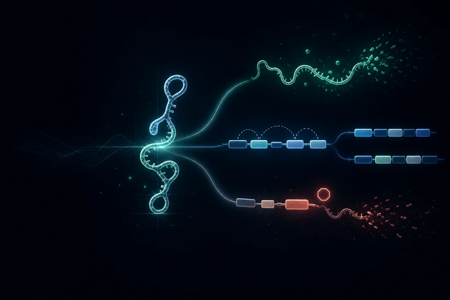 Conceptual illustration of one structured RNA branching toward stability control, alternative splicing and poison-exon-mediated decay.